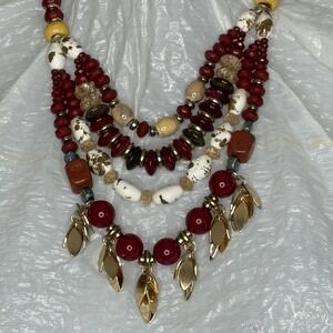 Catherine Stein Necklace‎ Multi Strand Beaded Statement Red Gold Boho Layered